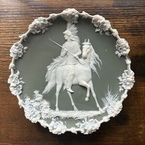 Schafer & Vater Porcelain Green Jasperware Native American On Horse W/ Rifle